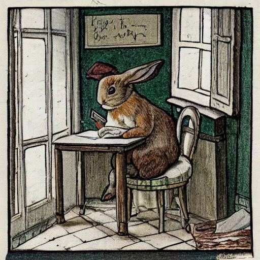 Image similar to a rabbit writing a letter inside a small room, in the style of carl larsson