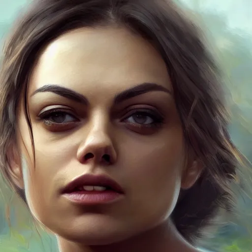 Image similar to winking mila kunis closeup portrait, dramatic light, lake background, 2 0 0 mm focal length, painted by stanley lau, painted by greg rutkowski, painted by stanley artgerm, digital art, trending on artstation