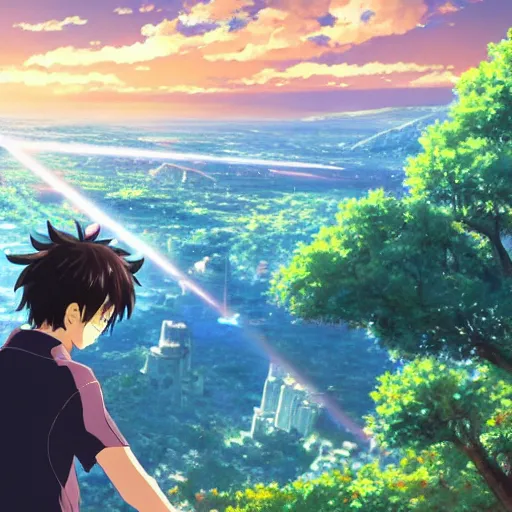 Prompt: Makoto Shinkai drawing himself in the movie Your Name