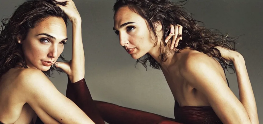 Prompt: Candid portrait photograph of a flirtatious gal gadot, taken by Annie Leibovitz,