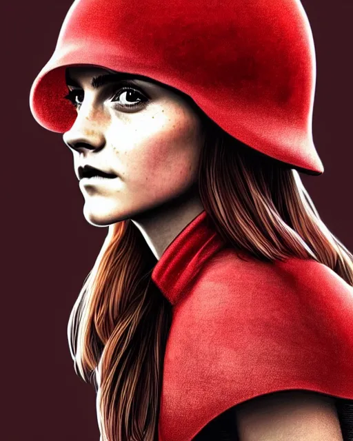 Image similar to highly detailed closeup, of emma watson, dressed in a red mushroom hat and clothes, full face view, on a battlefield, hyper realistic, psychedelic, illustration, digital paint, matte paint, vivid colors, detailed and intricate environment