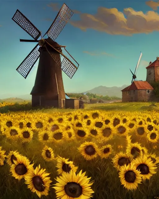 Image similar to epic portrait cinematic shot an windmill standing in a sunflower field, sunny day, village in the backround, carriage, fine details. night setting. realistic shaded lighting poster by craig mullism, artgerm, jeremy lipkin and michael garmash, unreal engine, radiant light, detailed and intricate environment, digital art, trending on art station,