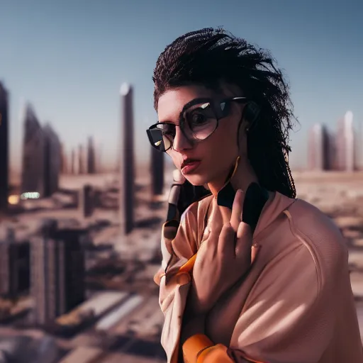 Image similar to photographic portrait of a streetwear woman, closeup, on the rooftop of a futuristic city overlooking a desert oasis, sigma 85mm f/1.4, 4k, depth of field, high resolution, 4k, 8k, hd, full color