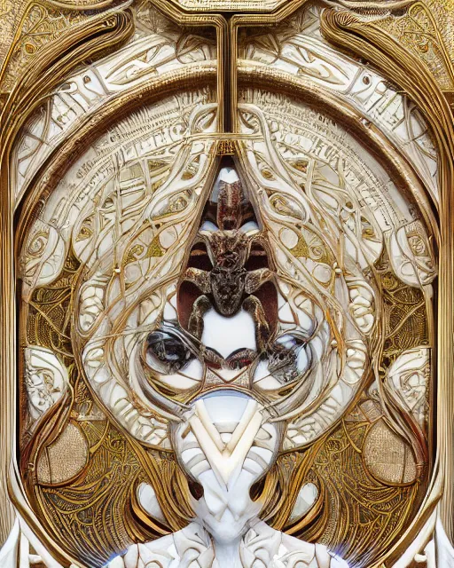 Image similar to symmetry, white marble, white marble bas relief sculpture, white and gold kintsugi, feminine shapes, crabs, spiders, scorpions, tarantulas, stunning, art by hr geiger and ridley scott and alphonse mucha and josephine wall, highly detailed, intricately detailed, art nuevo, octane, 8 k, trending on artstation