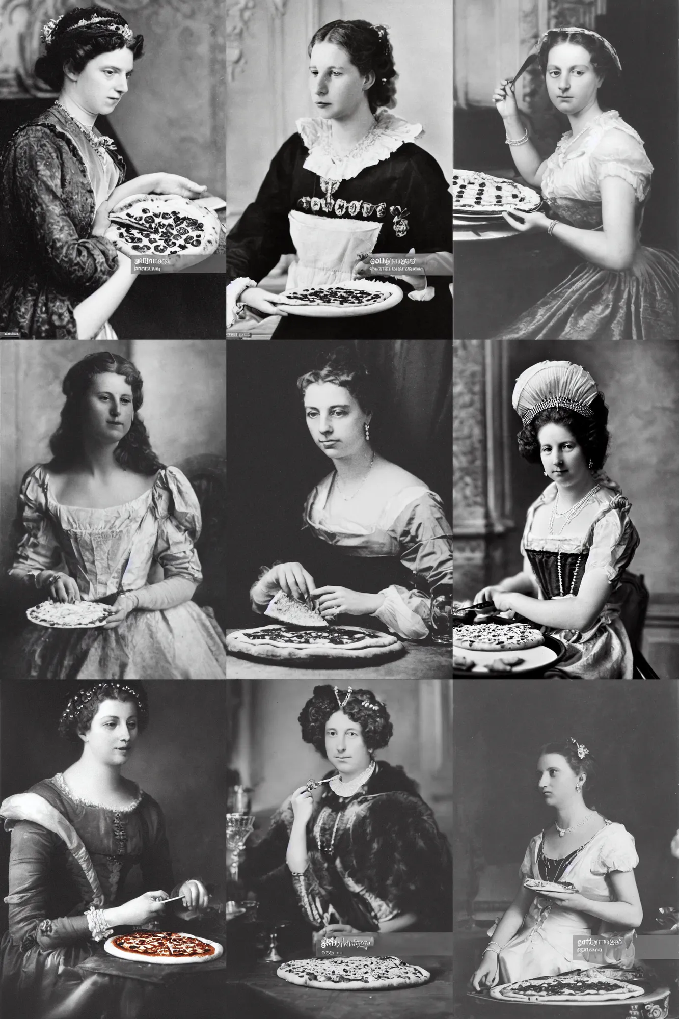 Prompt: a beautiful historical photo of royal queen margherita of savoy eating a pizza margherita, regency, black and white photo, sharp focus, smooth lighting