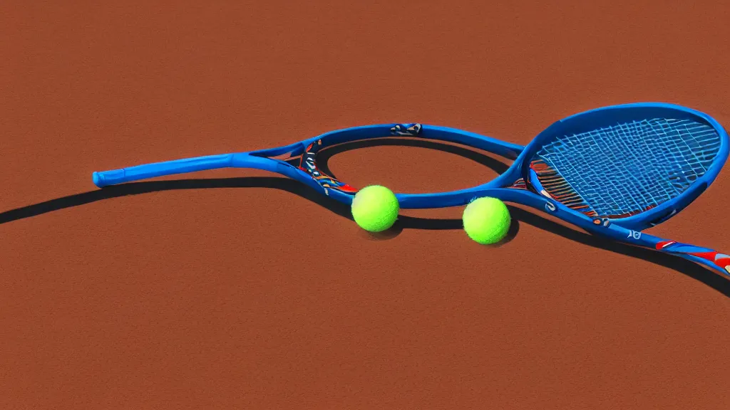 Image similar to a 3D render of a tennis racket, laying on top of a tennis ball in the dessert, high contrast, highly detailed, sharp focus, digital painting, 3D art, illustration, trending on artstation,