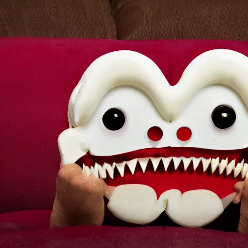 Image similar to a couch with teeth and eyebrows who eats people