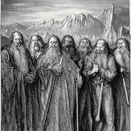 Image similar to the fellowship of the ring, by gustave dore and albrecht durer