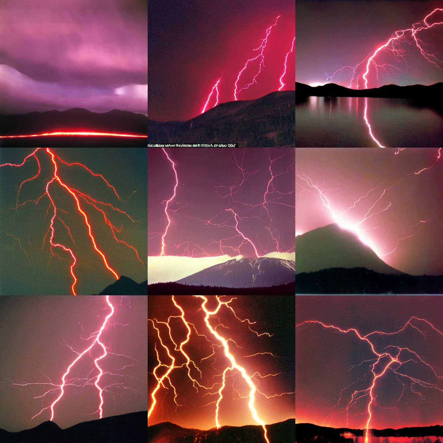 Prompt: thousands of red lightning strike a mountain, night, 1998 photo