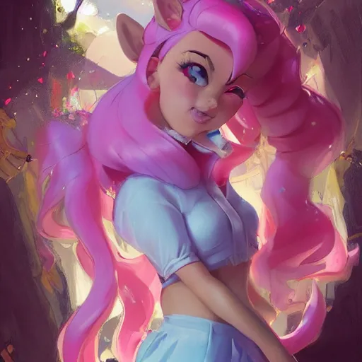 Image similar to pinky pie from by little pony by artgerm, tooth wu, dan mumford, beeple, wlop, rossdraws, james jean, marc simonetti, artstation giuseppe dangelico pino and michael garmash and rob rey and greg manchess and huang guangjian and makoto shinkai