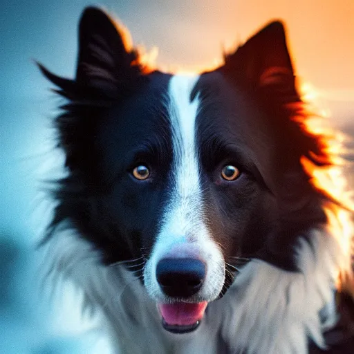 Image similar to Border Collie, splash art, movie still, cinematic lighting, dramatic, octane render, long lens, shallow depth of field, bokeh, anamorphic lens flare, 8k, hyper detailed, 35mm film grain