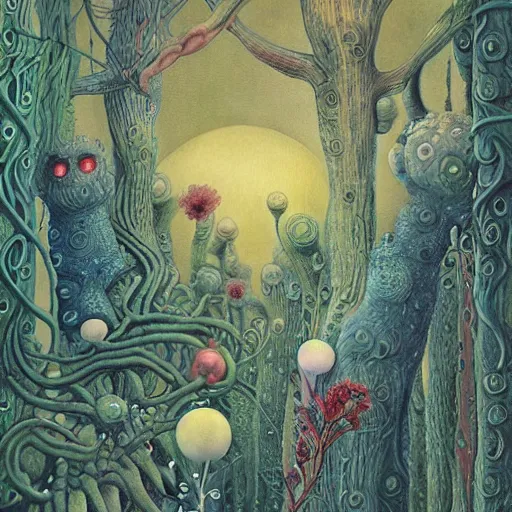 Prompt: a beautifully and highly detailed illustration of a strange alien world by Daniel Merriam|Henri Rousseau:.5|Graphic Novel, Visual Novel, Colored Pencil, Comic Book:.6