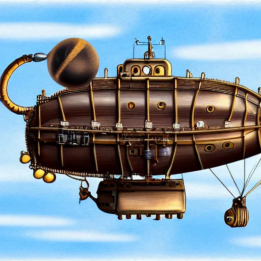 Prompt: digital painting of a steampunk airship that looks like a boat with a blimp