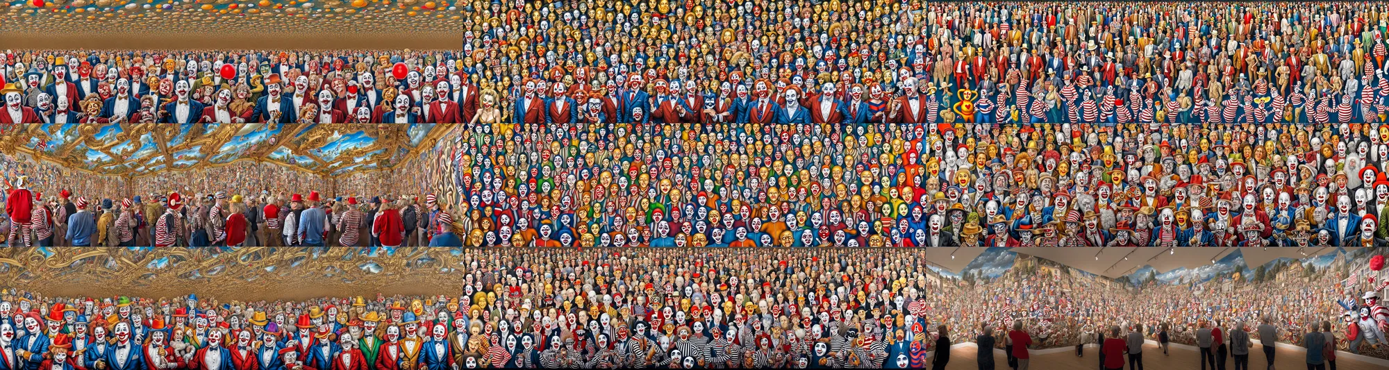 Prompt: a luxurious, triumphant, and ultradetailed mural, depicting a 'where's Waldo' gallery exhibition of a hundred unique framed hyperrealist portraits of clowns