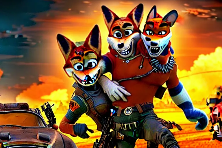 Image similar to nick wilde, heavily armed and armored facing down armageddon in a dark and gritty reboot from the makers of mad max : fury road : witness me