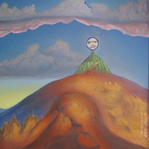 Image similar to an incomprehensible and invisible god at the top of a far off mountain, painting