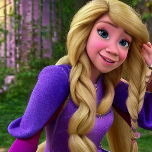 Prompt: Jennette McCurdy as Rapunzel in disney tangled live action, 8k full HD photo, cinematic lighting, anatomically correct, oscar award winning, action filled, correct eye placement,