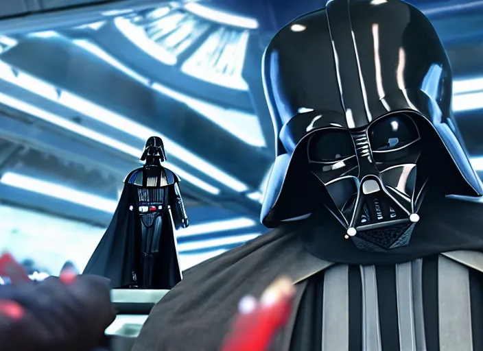 Prompt: film still of Darth Vader goes to an amusement park in the new Star Wars movie, 4k