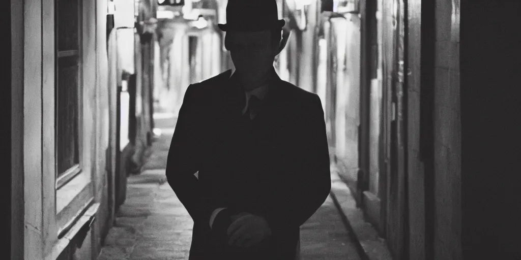 Image similar to man wearing a fedora, medium shot, neo noir, chiaroscuro lighting, cinematic, atmospheric, 35mm lens