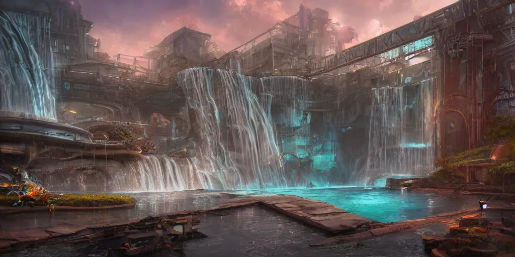 Image similar to beautiful pool waterfalls surrounded by alien robots, steel archways, industrial buildings, rusty metal towers, sun setting, ross tran, fantasy, james jean, peter morbacher, angelarium, alchemy, luxury, heavenly light, soft illumination, trending on artstation, cinematic lighting, digital painting, octane render, artgerm