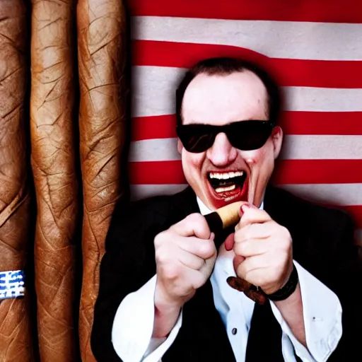 Prompt: Mob boss laughing maniacally, smoking a cigar, american flag in background, award winning photo by DALLE