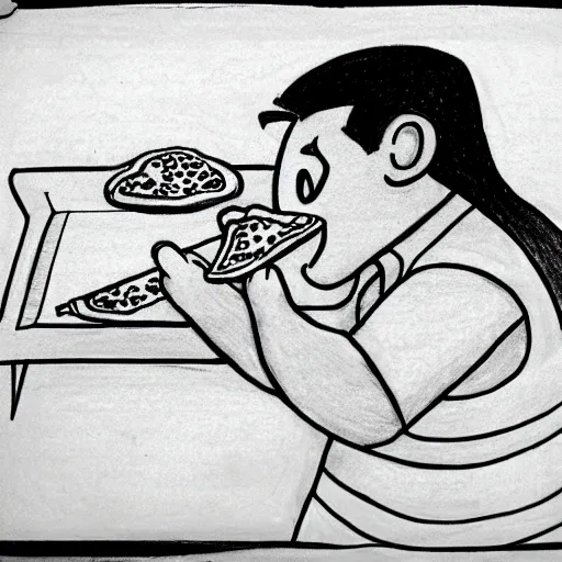 Prompt: drawing of a man eating pizza by huskmitnavn, black and white