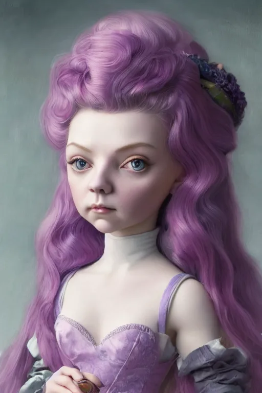 Image similar to natalie dormer as a cute porcelain doll with long purple hair, mark ryden style, vivid colors, high details, cinematic, 8 k resolution, beautiful detailed, photorealistic, digital painting, dark atmosphere, artstation, concept art, smooth, sharp focus, illustration, fantasy background, artstation trending, octane render, unreal engine