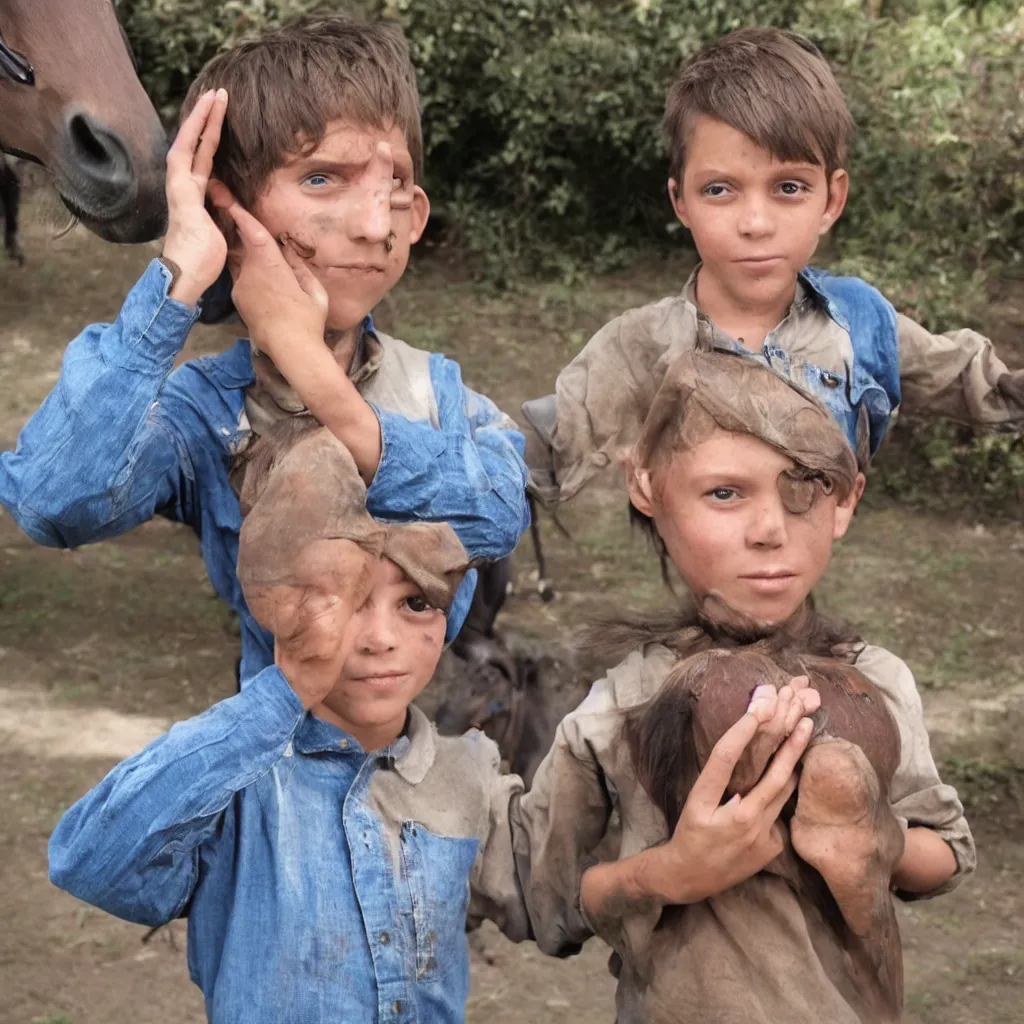 Image similar to a young boy whose hands have been replaced by horse hooves and his eyes are literally the size of bowling balls