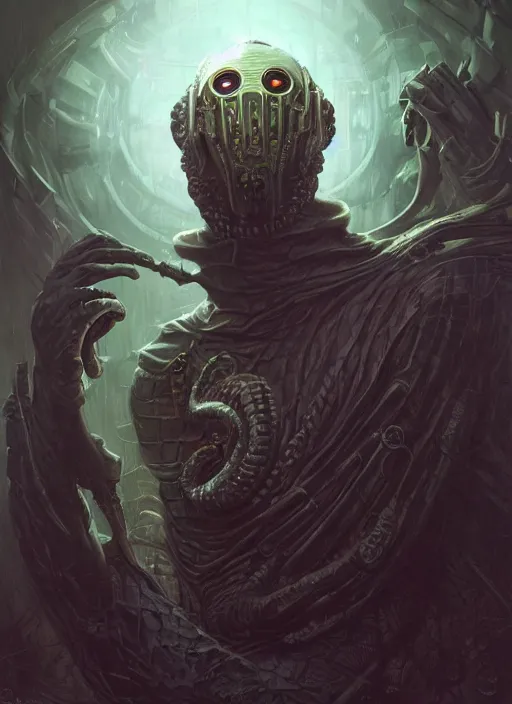 Image similar to cyberpunk hp lovecraft monster mf doom reptile eyes, dark metallic skin, highly detailed, centered, digital painting, artstation, concept art, smooth, sharp focus, illustration, artgerm, tomasz alen kopera, peter mohrbacher, donato giancola, joseph christian leyendecker, wlop, frank frazetta