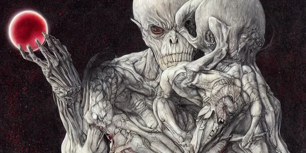 Image similar to griffith holding behelit during the eclipse from berserk, creepy, melting, since, horror, art by wayne barlowe, giger, artgerm