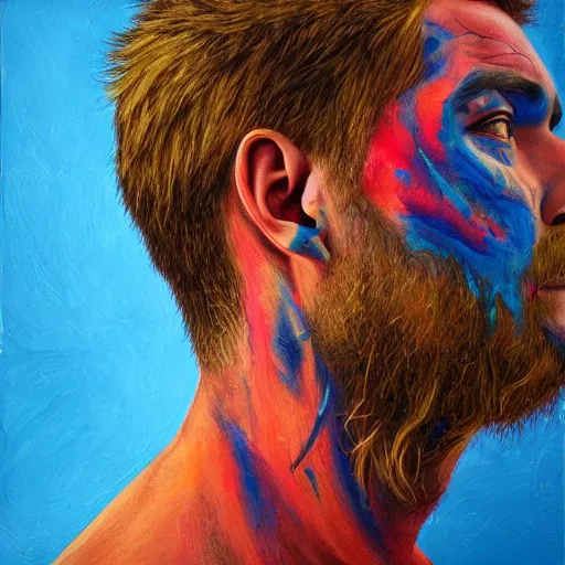 Prompt: side portrait, male, freedom from cptsd, adult, trauma, guilt, shame, anger, grief, fight or flight, recovering from pain, sorrow, inner voice and negative chatter : : oil painting, vibrant powder paints, highly detailed, intricate 1 6 k resolution, v - ray