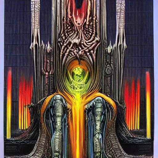 Prompt: throne of god by HR Giger. polychromatic color scheme