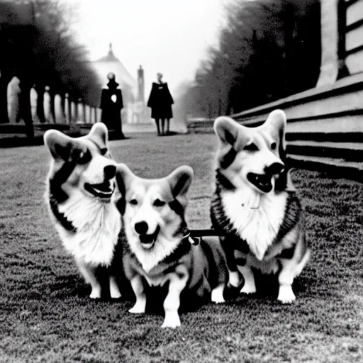 Prompt: ultra wide historical photo of young queen elizabeth and her corgis conquering nazi germany, sharp focus, highly detailed