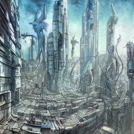 Prompt: storybook illustration of a dystopian futuristic cityscape by john blanche, michael kirkbride, watercolour, ink outlines, concept art, intricate detail, trending on artstation