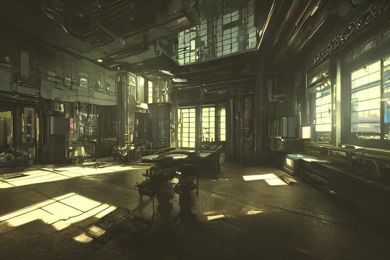 Image similar to cyberpunk workshop, liminal space, high detail, rendered in unreal engine, 3d render, god rays, volumetric lighting, mansion, interior, large windows, rich house