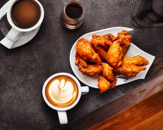 Image similar to A cup of coffee and hot wings covered in cheese, Cinematic shot, 8k resolution