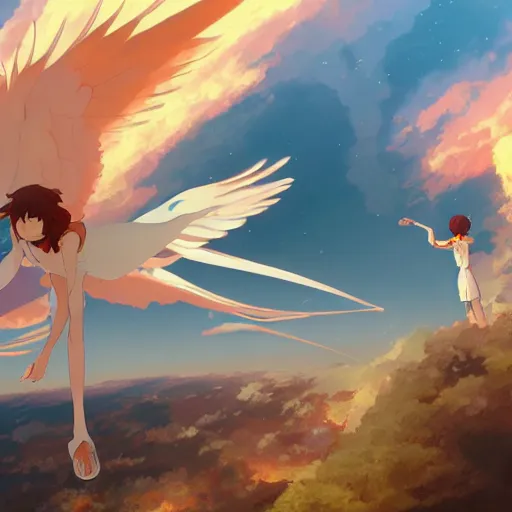 Image similar to Flight of the Icarus of the Flaming Wing, Anine style detailed, 4k hd, artstation, digital illustration by Makoto shinkai and Studio Ghibli, Kyoto Animation, featured on pixiv