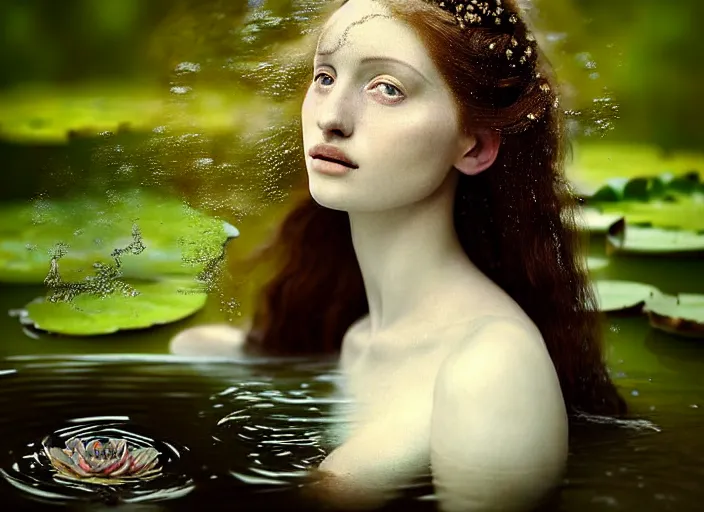 Image similar to portrait photo of a beautiful woman how pre-Raphaelites neauty type in style of Paolo Roversi, natural color skin, the face emerges from the water of a pond with water lilies, half face and hair are immersed in water, a beautiful lace dress and hair are intricate with highly detailed realistic beautiful flowers , Realistic, Refined, Highly Detailed, natural outdoor soft rose colors scheme, blur background, outdoor fine art photography, Hyper realistic, photo realistic 8K, soft light, volumetric lighting, highly detailed, britt marling style 3/4