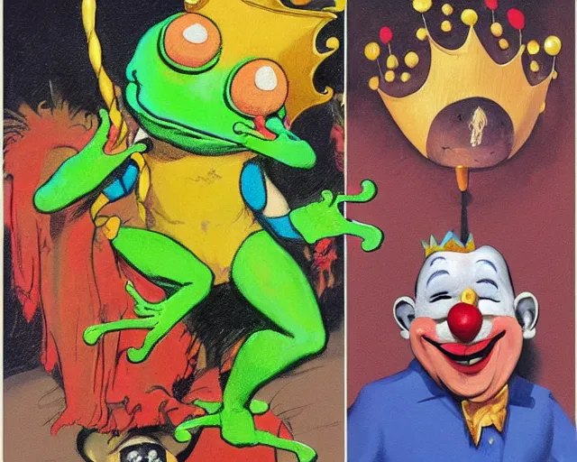 Prompt: The Clown Frog King wins the jackpot, king pepe with rainbow wig, painting by Frank Frazetta, sketch by Robert Crumb and painting by Ralph McQuarrie