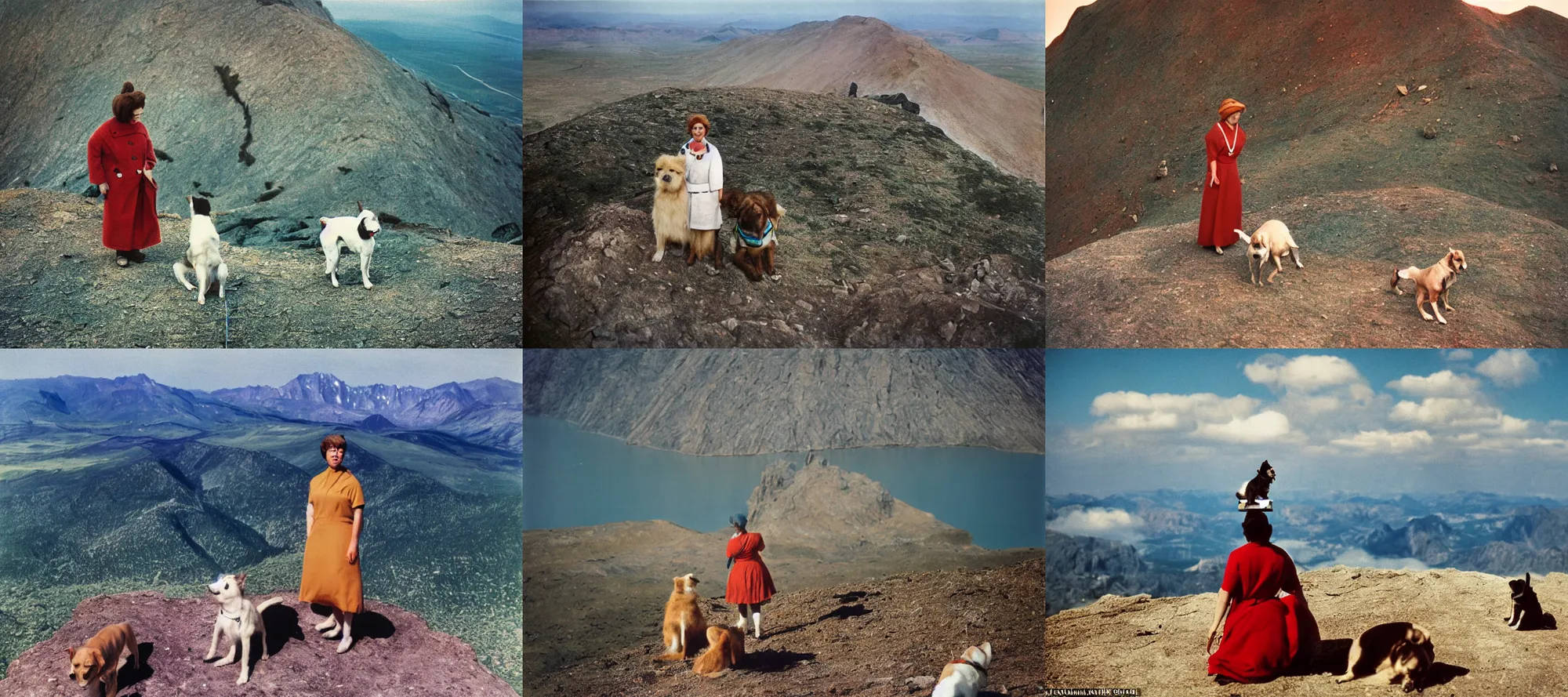 Prompt: a woman standing on top of a mountain next to a dog flickr contest winner a colorized photo 1960 photo taken with ektachrome photo taken with provia provia synthetism by Scarlett Hooft Graafland