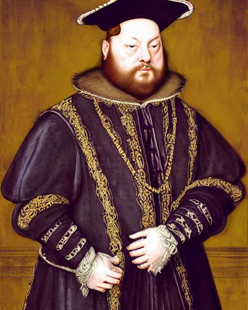 Prompt: fat gray cat with yellow eyes dressed like henry viii, tudor period menswear, colorful, hans holbein the younger, greg rutkowski, royal portrait, painting