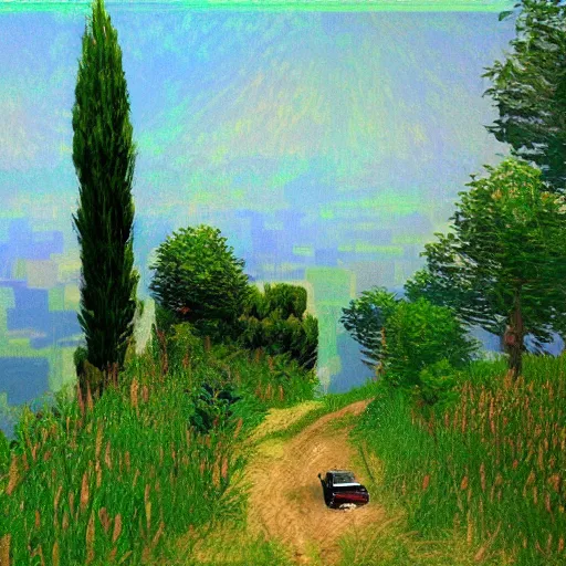 Image similar to grand theft auto ( gta ) landscape in the style of monet, trending on artstation