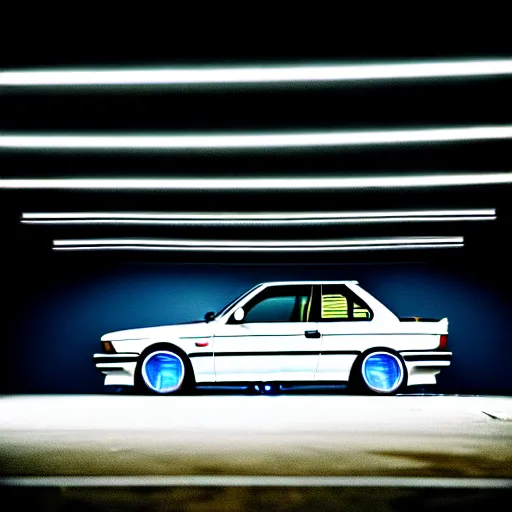 Image similar to a modified bmw e 3 0 with lights on in a futuristic neon parking garage, 3 5 mm photography, car photography, clean lines, realistic