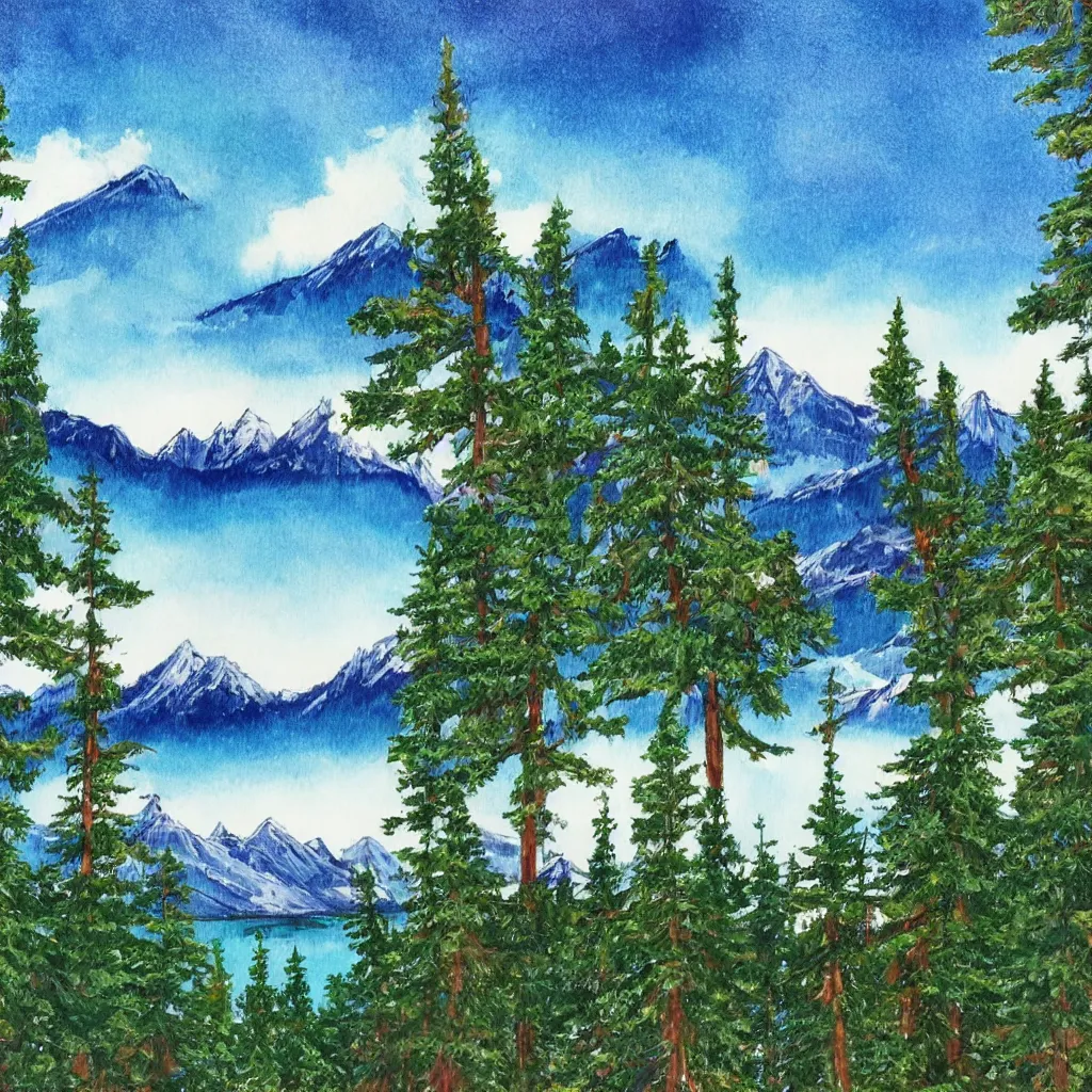 Image similar to a lake surrounded by pine trees with mountains in the background in the style of Bob Ross