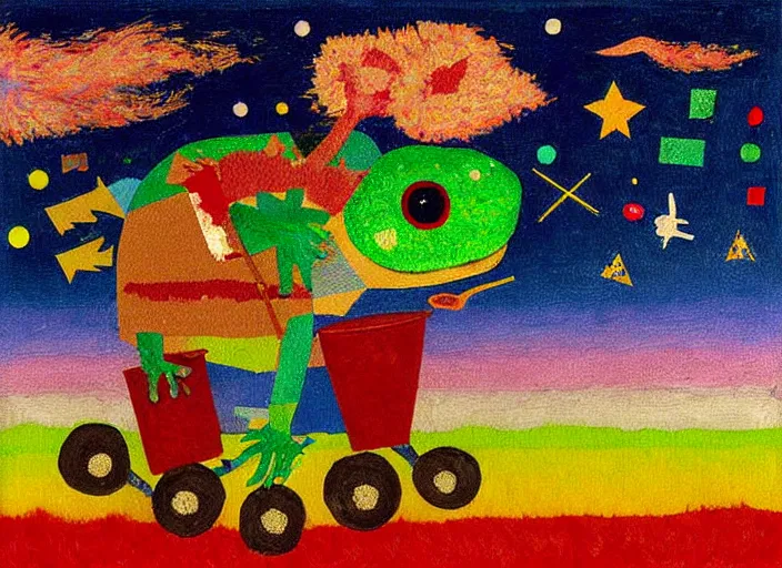 Image similar to pixel decollage painting trash can toter tarot fool card with red maggot bear and wonky alien frog knight on a horse in a dark red cloudy night sky with golden foil jewish stars , mountain lake and blossoming field in background, painted by Mark Rothko, Helen Frankenthaler, Danny Fox and Hilma af Klint, pixelated, neo expressionism, semi naive, pastel colors, cinematic, color field painting, cave painting, voxel, pop art look, outsider art, minimalistic. Bill Traylor painting, part by Philip Guston and Francis Bacon. art by Adrian Ghenie, very coherent symmetrical artwork, cinematic, hyper realism, high detail, octane render, unreal engine, Smooth gradients, depth of field, full body character drawing, extremely detailed, 8k, extreme detail, intricate detail, masterpiece