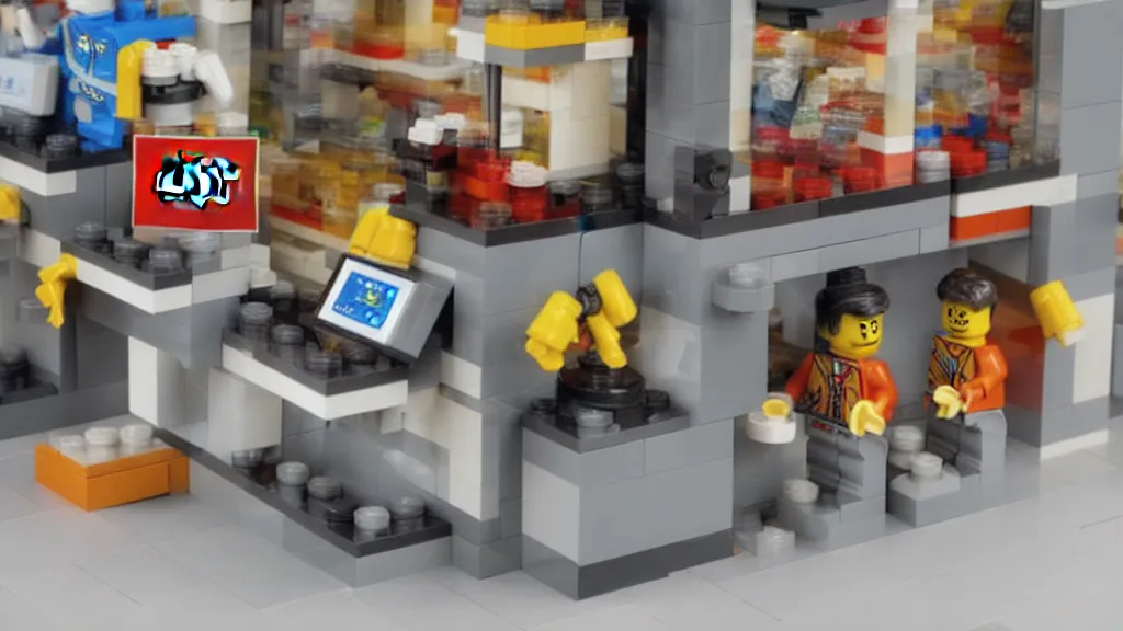 Image similar to lego art flexible convenience store robo - cashier