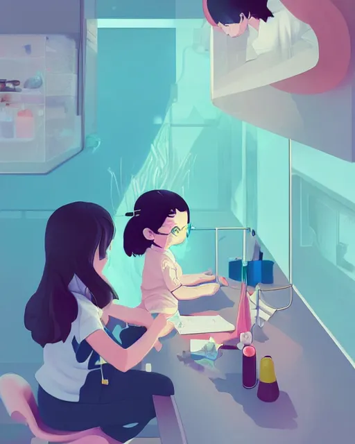 Image similar to a little girl is doing a science experiment. clean cel shaded vector art. minimalist illustration art by lois van baarle, artgerm, helen huang by makoto shinkai and ilya kuvshinov, rossdraws