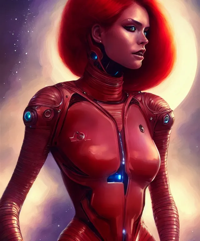 Image similar to futuristic bodycon spacesuit woman portrait, sci-fi, fierce eyes, long red hair, fantasy, intricate, elegant, highly detailed, digital painting, sharp focus, illustration, art by artgerm and greg rutkowski and WLOP