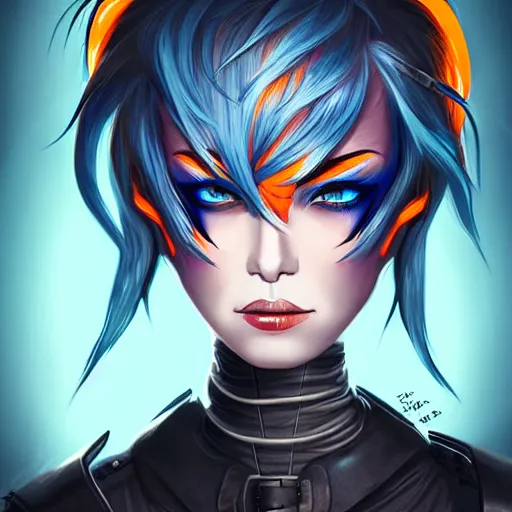 Image similar to illustrated realistic tilted head portrait human female prong-horned with blue bob hair and solid black-eyes black sclera wearing strap leather armor, orange glow, backlit by rossdraws