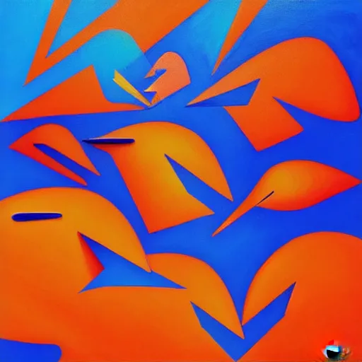 Image similar to a painting of a group of blue and orange birds, an airbrush painting by jarosław jasnikowski, cgsociety, generative art, angular, cubism, biomorphic